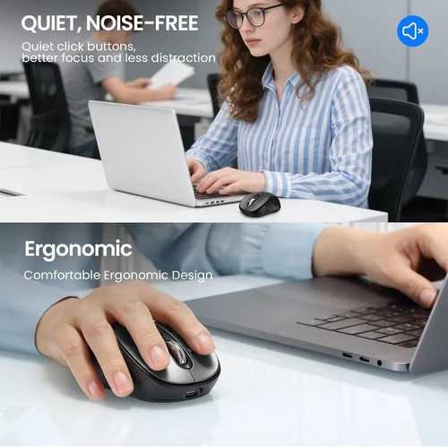 Vista 9 de INFINMIND Ratón inalámbrico Bluetooth, USB + BT × 2, mouse Ergo para computadora multidispositivo, súper rueda de metal de 4 vías, ± 3K DPI, 9