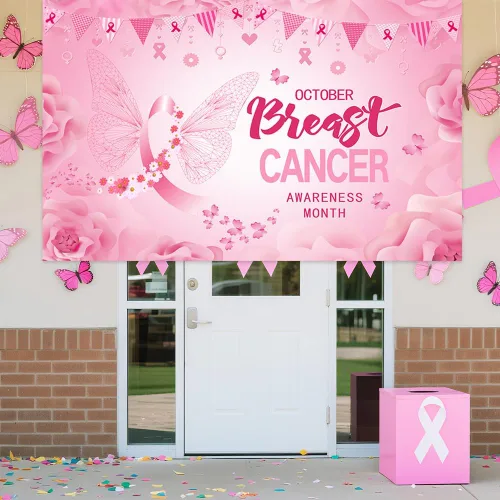Vista 4 de AIBIIN Fondo de concientización sobre el cáncer de mama de 7 x 5 pies para fotografía sobre el cáncer de mama, decoraciones de fiesta, pancarta