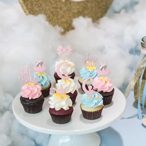 Vista 7 de 24 piezas de adornos para cupcakes con lazo con purpurina, vestido de luna Oh Baby para revelación de género, baby shower, fiesta de cumpleaños