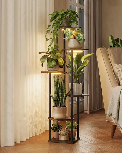 Vista 9 de GENTINGBRO Soporte alto para plantas de interior de 4 niveles para múltiples plantas, soporte de madera para plantas, estante de madera, estantería