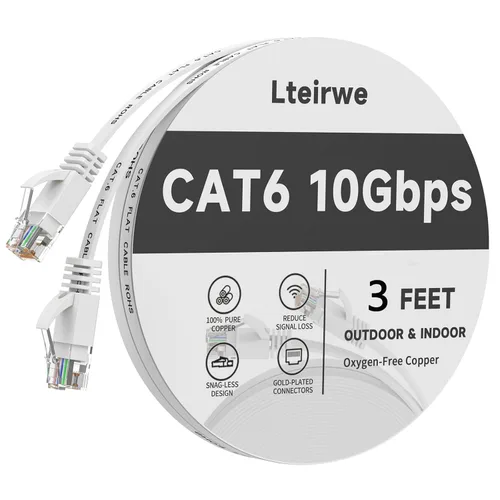 Vista 12 de Cable Ethernet CAT6 de 2 pies de alta velocidad plano de 500 MHz ancho de banda velocidad de transmisión 10 Gbps, más rápido que Cat 5e/CAT5.