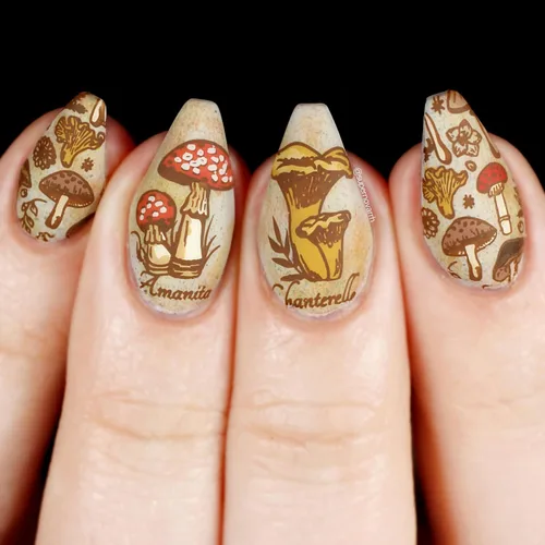 Vista 5 de Maniology Magic Mushrooms Nail Stamping Plate Hongos Bosques Bosques Caracoles Diseños de Uñas Manicura Reutilizable, Rectangular, Plantilla