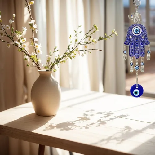 Vista 6 de Decoración colgante con protección de manos Hamsa con diseño de mal de ojo azul (con bolsa de decoración mejor) -028