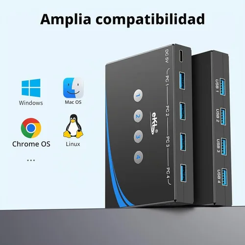 Vista 7 de eKL interruptor USB 3.0 para compartir entre 4 computadoras, 4 puertos USB 3.0, interruptor para PC, laptop, ratón, teclado, escáner, impresora
