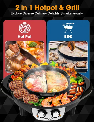 Vista 3 de Olla caliente 2 en 1 con parrilla, parrilla eléctrica coreana para barbacoa, control de temperatura dual independiente y sartén antiadherente