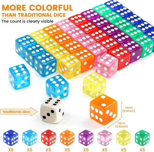 Vista 2 de GWHOLE Juego de 40 dados de 6 caras, 8 colores translúcidos para juegos de mesa y enseñanza de matemáticas