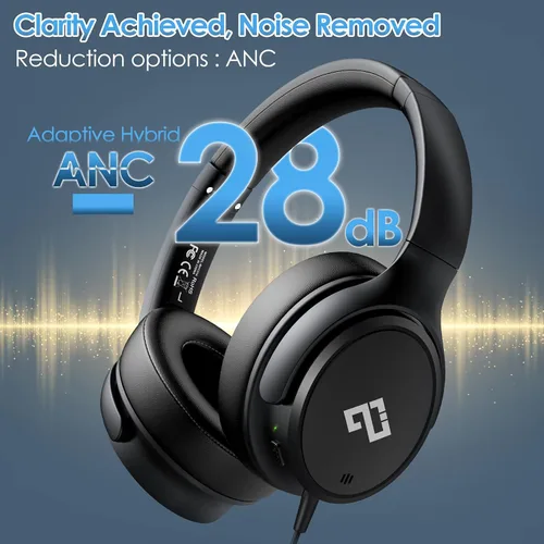 Vista 3 de Auriculares USB C con cable sobre la oreja con micrófono HD, auriculares plegables con cancelación activa de ruido