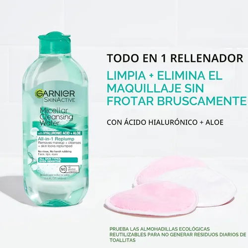 Vista 2 de Garnier Agua micelar con ácido hialurónico, limpiador facial y removedor de maquillaje, hidratante y relleno, para todo tipo de piel, vegano, libre
