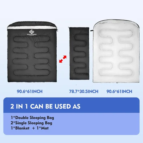 Vista 2 de Saco de dormir doble para adultos, hombres y mujeres, tamaño XL, Queen, saco de dormir para dos personas para todas las estaciones, camping