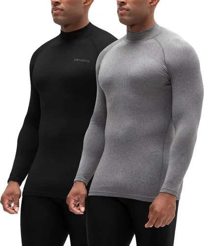 Vista 12 de DEVOPS Paquete de 2 camisetas térmicas de compresión de manga larga con cuello alto para hombre negro (Black / Wine)