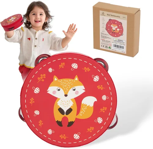 Vista 6 de Panderetas Instrumento Musical para Niños y Adultos, Pandereta de Mano de Madera de 6 Pulgadas con Cascabeles de Metal de Abedul, Instrumento