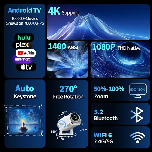 Vista 2 de [Proyector 2026 actualizado] Mini proyector compatible con 4K 1080P Keystone automático 270° giratorio con WiFi 6 y Bluetooth 5.2 proyector portátil