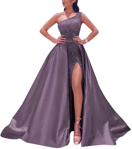 Vista 7 de Vestidos de fiesta de lentejuelas de un hombro 2022, vestidos de noche formales de sirena con abertura brillante con tren desmontable de satén