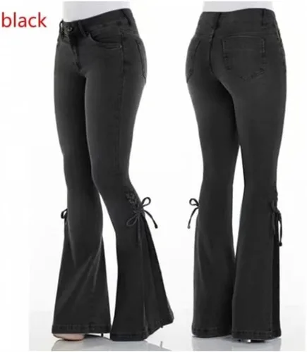 Vista 2 de Pantalones de mezclilla acampanados con cordones para mujer, cintura media, pierna ancha, corte de bota, pantalones de mezclilla ajustados