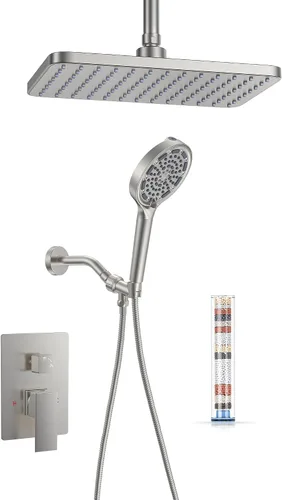 Vista 9 de 11" Brushed Gold Rainfall Shower System – Complete Spa Faucet Set with Filtered Handheld Sprayer & Mixer Valve – Modern High Pressure Bathroom