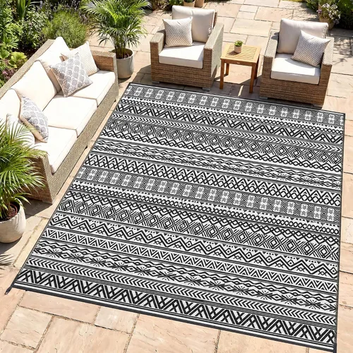 Vista 15 de Outsunny Alfombra de exterior para patio impermeable 9' x 18' rombo negro y Borde rombo negro y gris