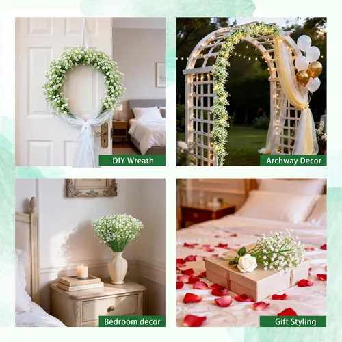 Vista 8 de Der Rose 24 flores artificiales blancas de aliento de bebé, 11 pulgadas, elegantes flores artificiales para decoración del hogar, centros de mesa