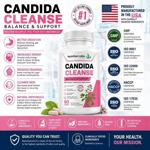 Vista 3 de Suplemento Candida Cleanse para equilibrio y apoyo, desintoxicación de candidasa, mujeres y hombres. Salud intestinal y flora, nivel de pH, salud