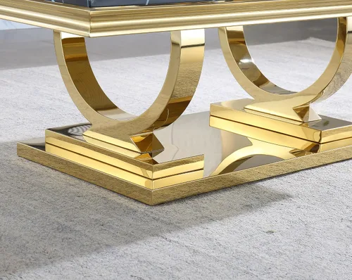 Vista 6 de Mesa de centro de mármol negro Henf de lujo, mesa auxiliar rectangular de mármol sintético de imitación con base de acero inoxidable dorado