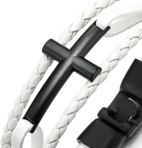 Vista 2 de COOLSTEELANDBEYOND Pulsera de cuero trenzado marrón con cruz lateral lateral horizontal negra para hombres y mujeres
