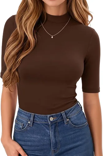 Vista 17 de MANGOPOP - Camiseta de cuello alto falso de manga 3/4 ajustada para mujer 03 Negro