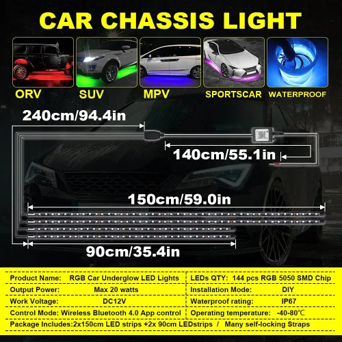 Vista 7 de Juego de 4 tiras de luces LED, lámpara de chasis de automóvil con control de aplicación, luces subterráneas RGB multicolor, 12 V, impermeable
