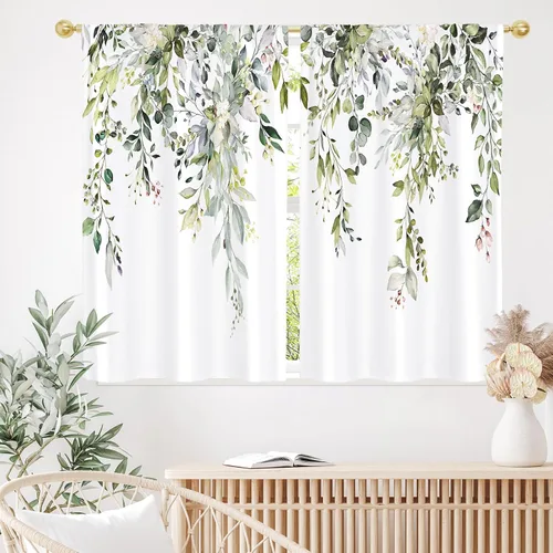 Vista 6 de Gibelle Cortinas de cocina rústicas de eucalipto estilo granja boho florales botánicas de salvia hojas verdes pequeñas y cortas para ventanas