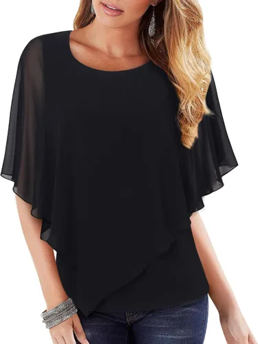 Vista 18 de Lotusmile Blusas elegantes de gasa tipo poncho para mujer 25 impresiones punto negro