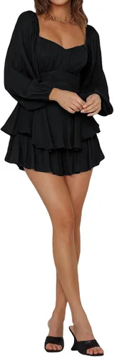 Vista 2 de Louatui Mameluco con volantes para mujer, con hombros descubiertos, manga abombada, con vuelo, vestido corto fruncido