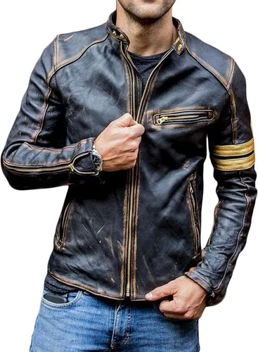 Vista 9 de Prime-Fashion Mens Vintage Motorcycle Distressed Retro Biker Leather Jacket