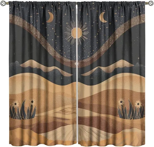 Vista 22 de Cortinas opacas con diseño de sol y luna, cuerpos celestes bohemios, con diseño de sol, luna y estrellas, para sala de estar, dormitorio, 42 x 45