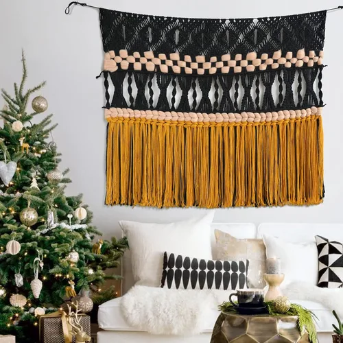 Vista 6 de IOWER Macramé para colgar en la pared, decoración de pared de macramé tejido negro, decoración de pared bohemia hecha a mano, decoración