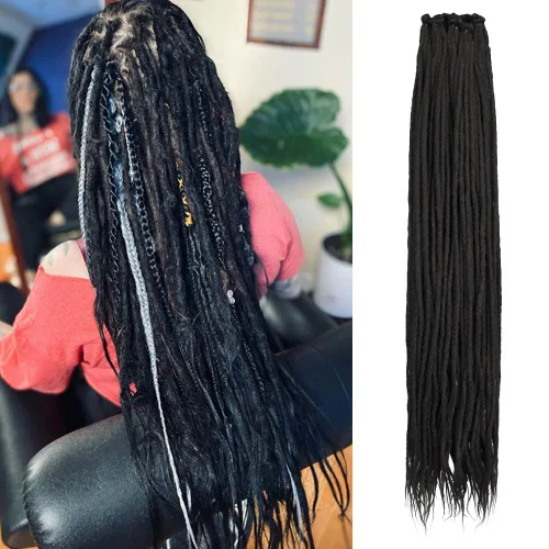 Vista 15 de Kraler Extensiones de Rastas Azules, Extensiones de Rastas Sintéticas de Ganchillo de 22", 100% Hechas a Mano, Rastas de Una Sola Punta, Delgadas