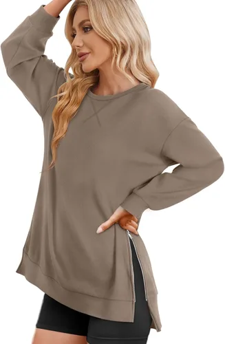 Vista 3 de WIHOLL Sudadera ligera de gran tamaño para mujer con cremallera lateral y cuello redondo suave, manga larga, moda 2024