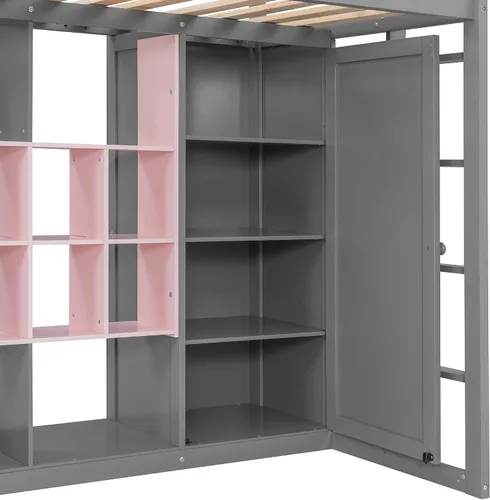Vista 7 de Merax Cama tipo loft de madera con armario, estantes y gabinete, tamaño individual, gris+rosa