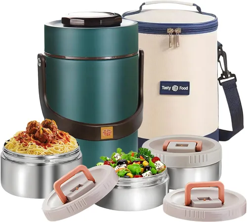 Vista 9 de Termo mejorado de 67 onzas para comida caliente, termo apilable de 3 capas, tarro de sopa con bolsa aislante, ideal para oficina, comidas al aire