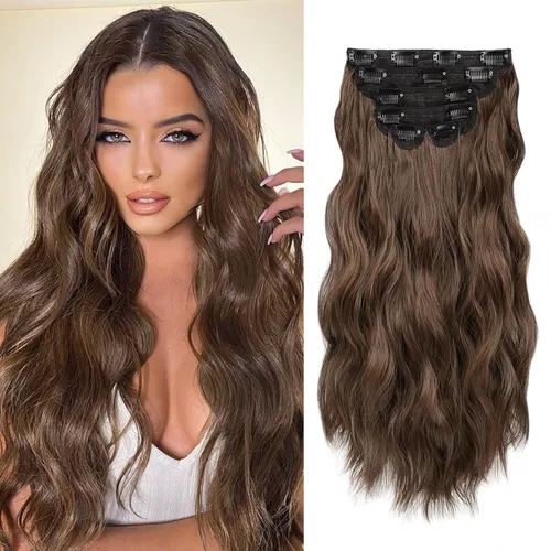 Vista 20 de WECAN Extensión de cabello con clip, de 20 pulgadas, mezcla de rubio ceniza y rubio decolorado, 6 piezas, extensiones de cabello largo ondulado