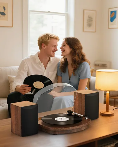 Vista 8 de Reproductor de discos de vinilo con altavoces estéreo duales, tocadiscos de transmisión por correa con entrada Bluetooth, reproducción de 3