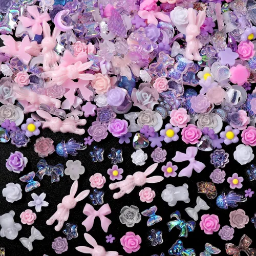 Vista 16 de COOSLIM 110 dijes de uñas 3D para uñas acrílicas, flor de camelia, rosa, mariposa, lazo, corazón, oso, conejo, estrella, para diseños de uñas