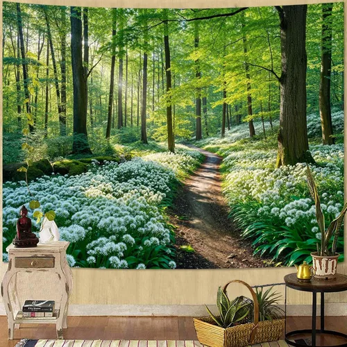 Vista 55 de Zussun Tapiz de Bosque Natural de Montaña Tapiz Verde de Pino Luz Solar Selva para Dormitorio Estético Planta Paisaje de Montaña Tapices Pequeños
