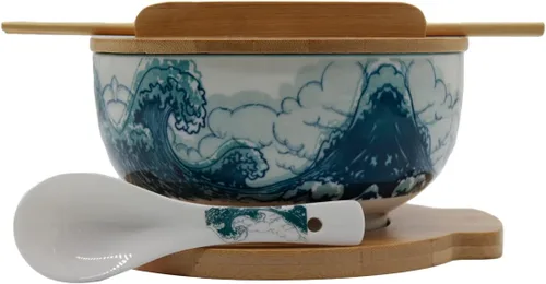Vista 10 de XWORLD Juego de cuencos de cerámica japonesa para fideos ramen con cuchara de cerámica, palillos de bambú, tapa y salvamanteles, capacidad