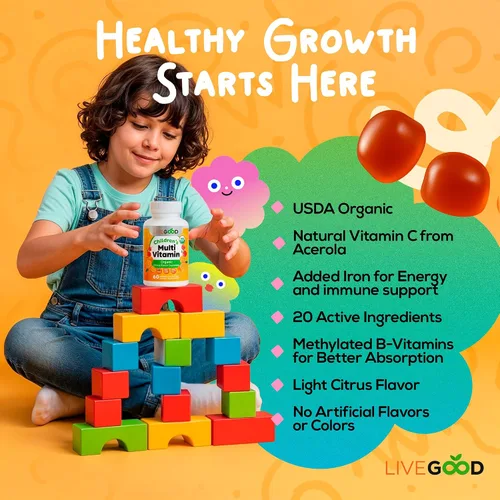 Vista 2 de LIVEGOOD Gomitas multivitamínicas orgánicas para niños, multivitamínico para niños, vitamina D para niños pequeños y niños, vitaminas orgánicas