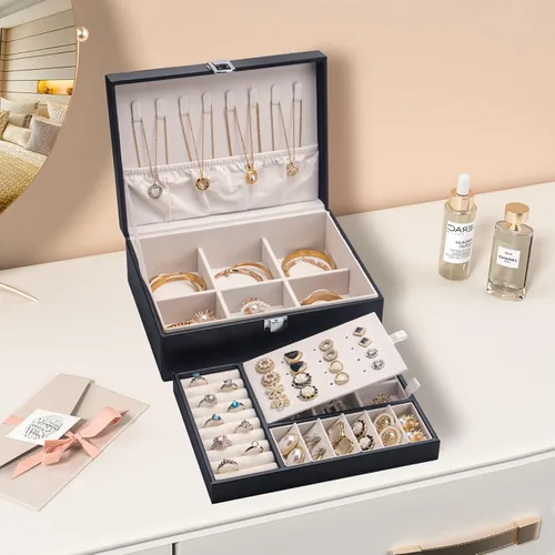 Vista 4 de COOYUY Joyero para mujeres niñas esposa regalo ideal organizador de joyas de doble capa aretes pulseras anillos collares piel sintética y terciopelo