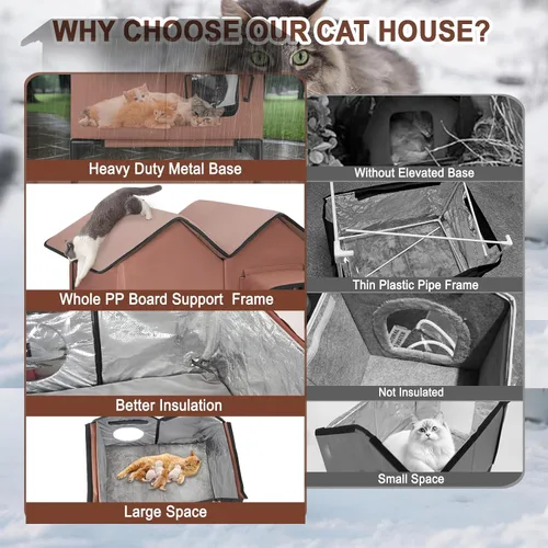 Vista 5 de Casa grande para gatos con calefacción para exteriores en invierno, casa elevada impermeable para gatos al aire libre con almohadilla térmica, casa