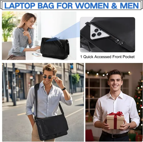 Vista 2 de VX VONXURY Bolsa de mensajero para hombre, piel sintética de 14 pulgadas, maletín para laptop para trabajo y escuela, café, Piel sintética negra
