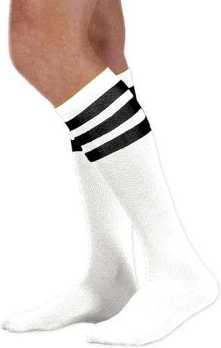 Vista 8 de NEON NATION Calcetines de tubo unisex blancos hasta la rodilla con varias rayas de colores Blanco con rayas azules bebé