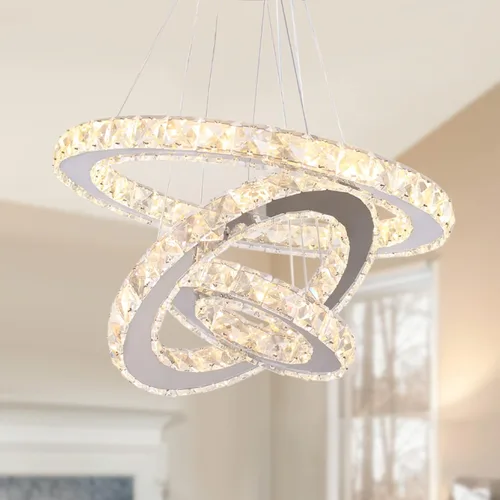 Vista 8 de Lámpara de araña moderna de cristal de corazón de 3 anillos con iluminación LED colgante de acero inoxidable para sala de estar, comedor y blanco