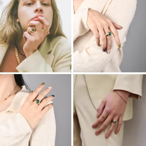 Vista 4 de JINEAR 14K Gold Plated Round Malachite Band Ring for Women and Men Green Gemstone Stackable Bulky Thumb Statement Ring