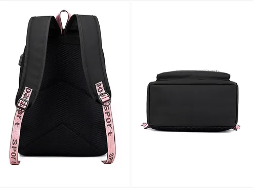 Vista 5 de Mochila Demon Slayer Nezuko Kimetsu con puerto de carga USB, mochilas de viaje informales personalizadas para niños y niñas, Negro, 17.7x15.6x5.9