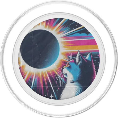 Vista 2 de Cat Solar Eclipse - Synthwave Retro Poster Style PopSockets MagSafe PopGrip for iPhone